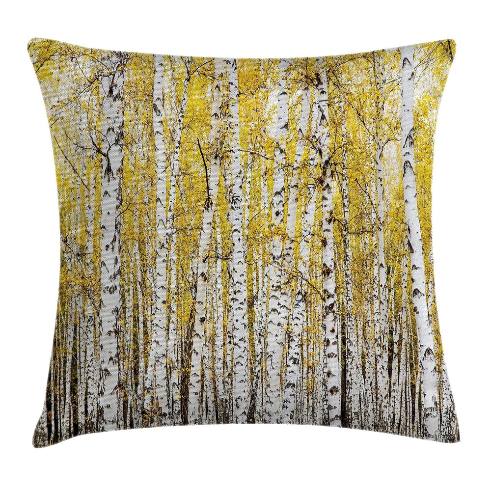 1866 Forest Throw Pillow Cushion Cover, Autumn Birch Woodland with Golden